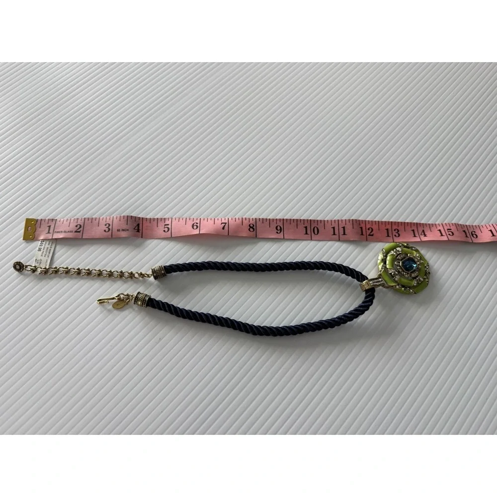 NWTS Heidi Daus Newport Chic II Enamel & Crystal Necklace Green Medallion & Cord